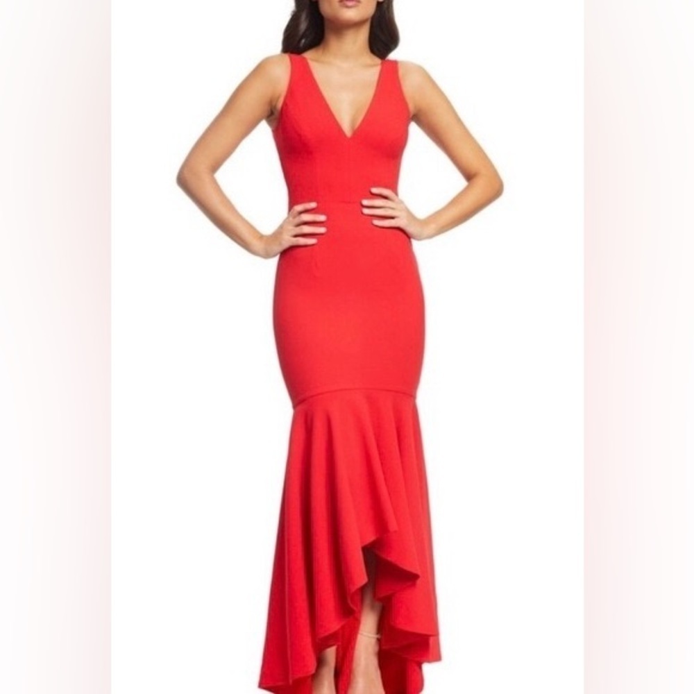 Dress the Population Demi Mermaid Hi Low Hem Red Ruffled Maxi Dress Size S - Picture 2 of 11